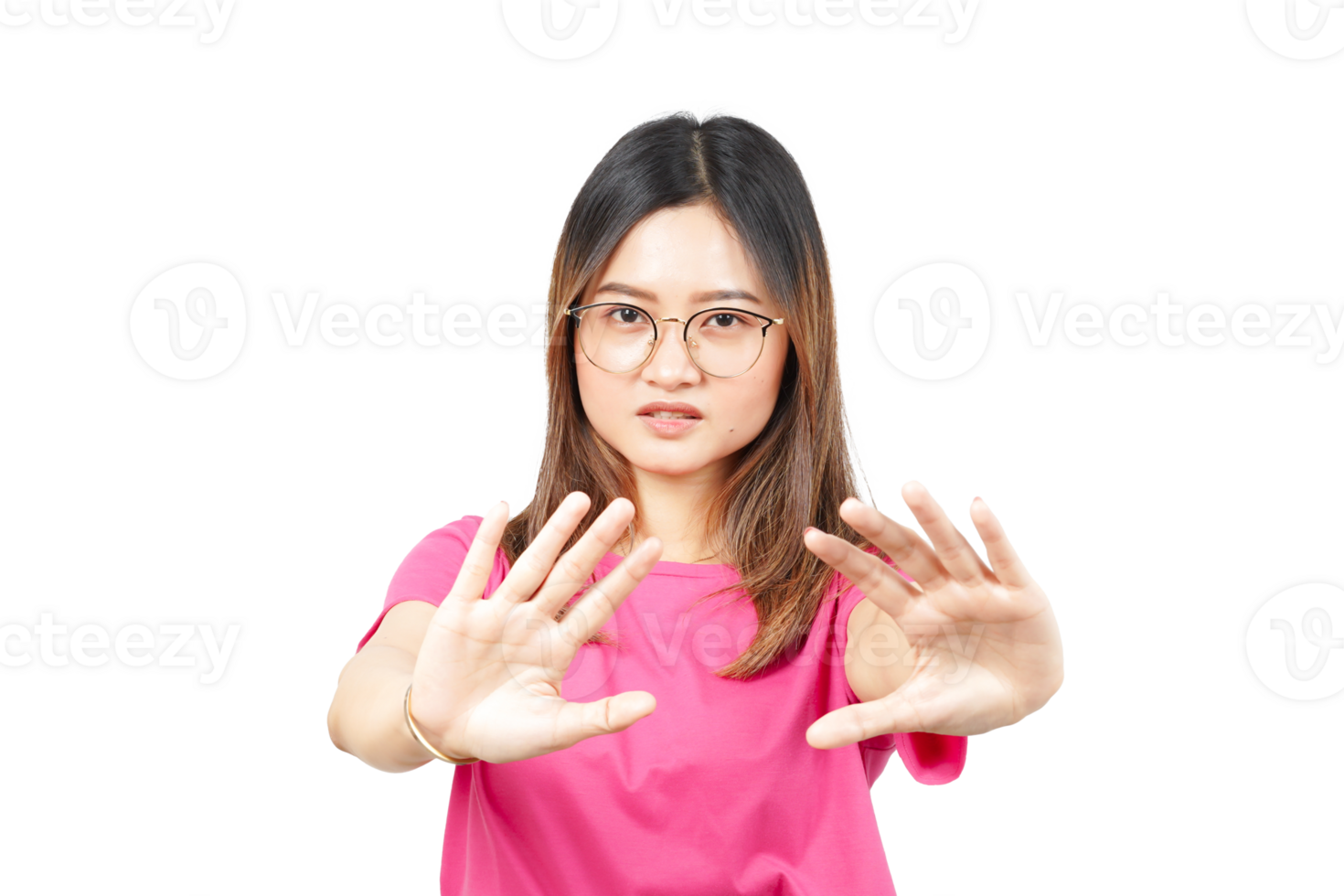 A woman in pink shirt making a stop gesture png