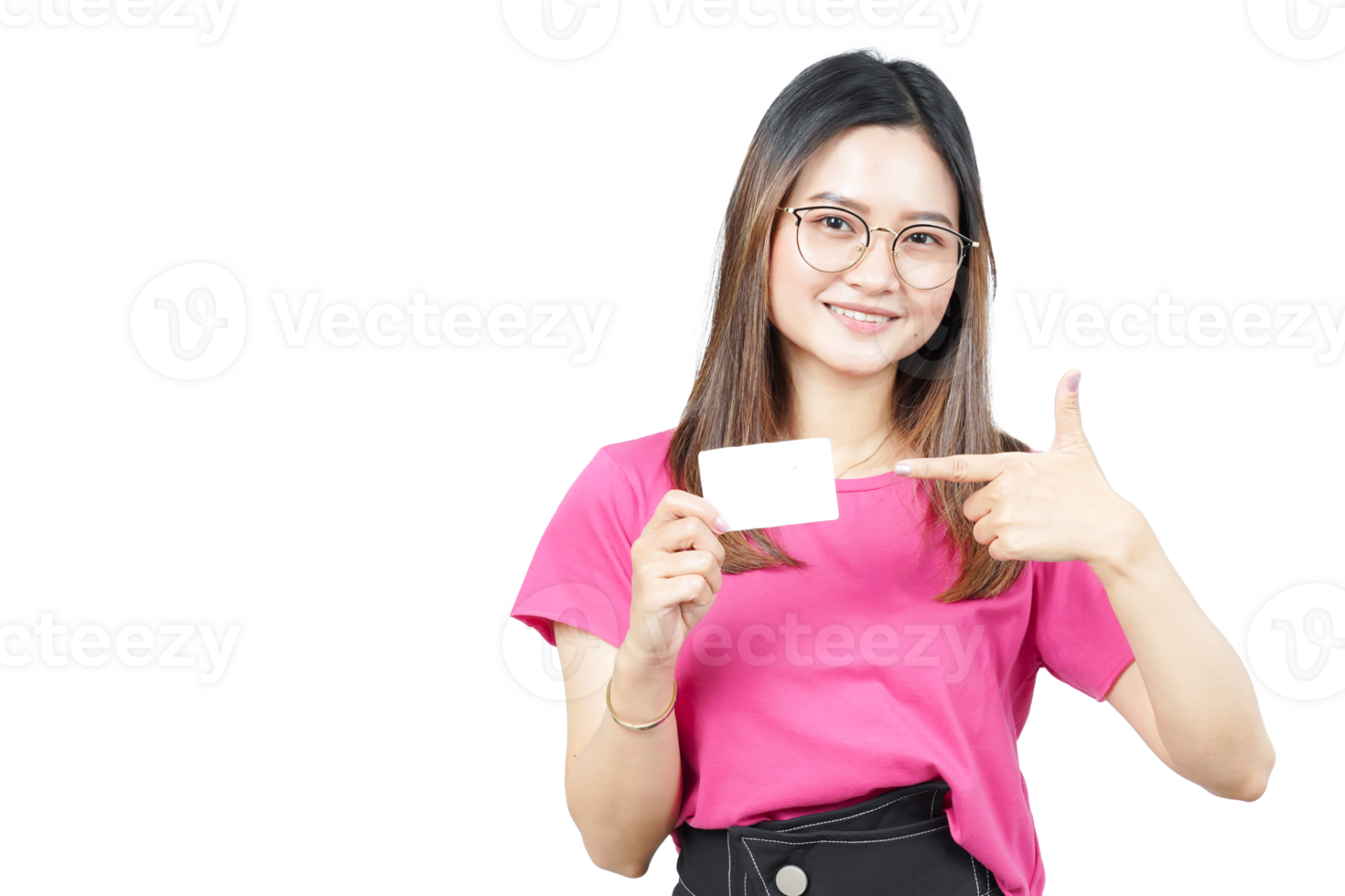 A woman holding a business card and pointing at it png