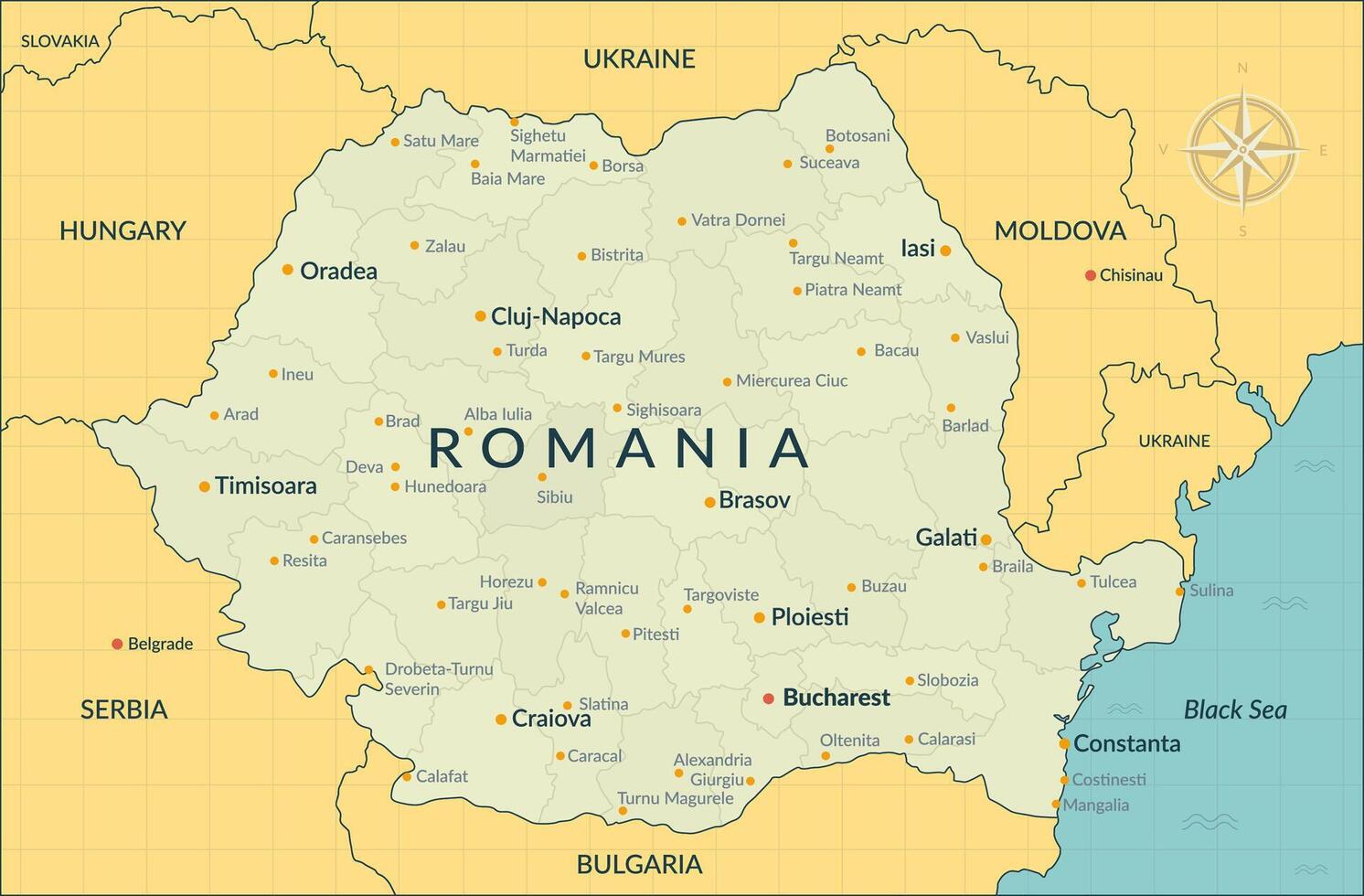 Detailed Romania political map with counties boundaries, major cities and neighboring countries. Romania map administrative divisions for presentations, posters, reports, infographics vector