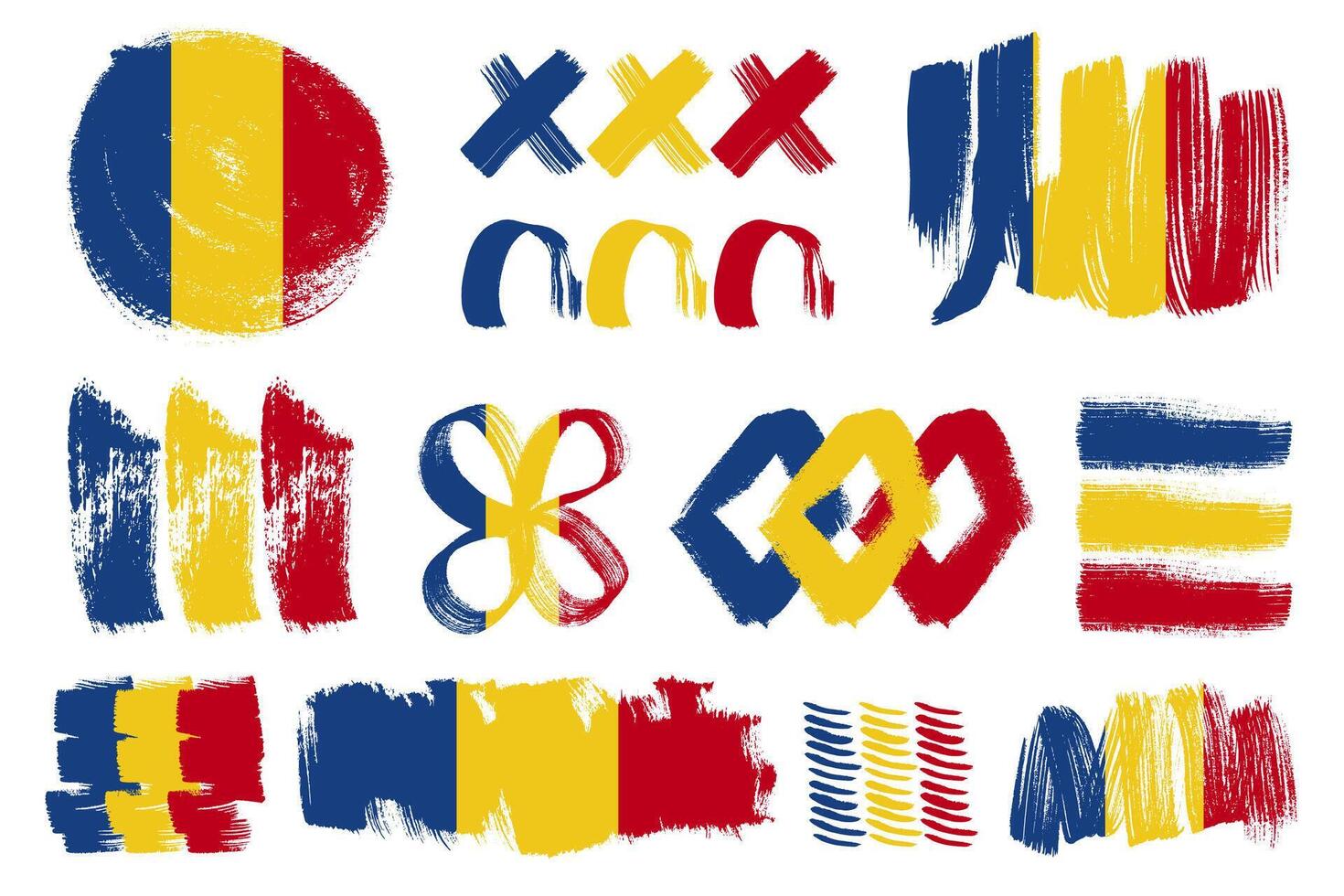Romania grunge flag icons set in various creative shapes. Flag brush strokes for national Day of Romania. Independence day grungy Romania flag icon set isolated on white background vector