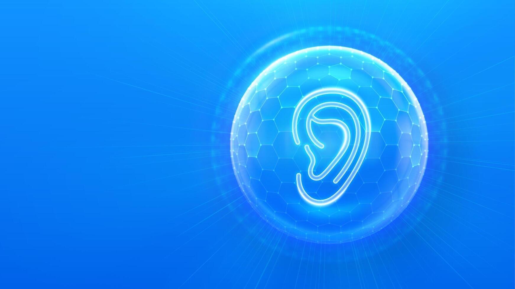 Hearing protection. Ear health. Concept of noise reduction, ear safety, and sound protection. Ear icon inside protection sphere shield with hexagon pattern on blue background. illustration. vector