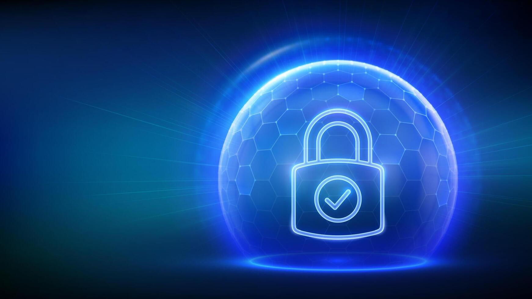 Cyber security. Data protection concept. Network safety. Information privacy. Padlock with Check mark icon inside transparent sphere shield with hexagon pattern on blue background. illustration vector