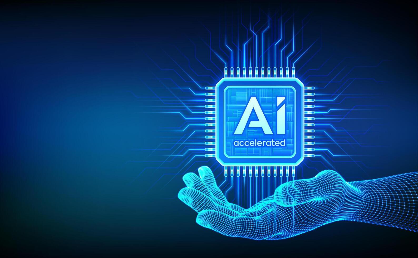 AI chip with the inscription AI Accelerated in wireframe hand. CPU microchip. Concept of artificial intelligence technology. AI accelerated processor chip. Machine learning. illustration. vector