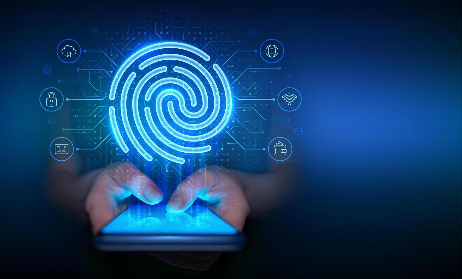 Fingerprint scan on a smartphone. Personal Data protection concept. Cyber Security. Hologram fingerprint icon. Biometrics identification. Password control. Smartphone in hands. illustration. vector