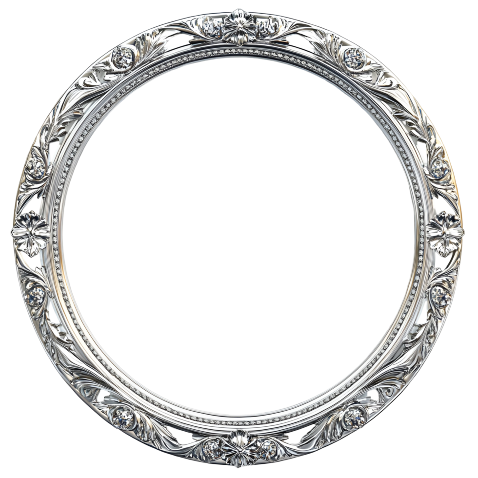 Elegant Round Silver Frame with Intricate Ornate Detailing on Transparent Background png