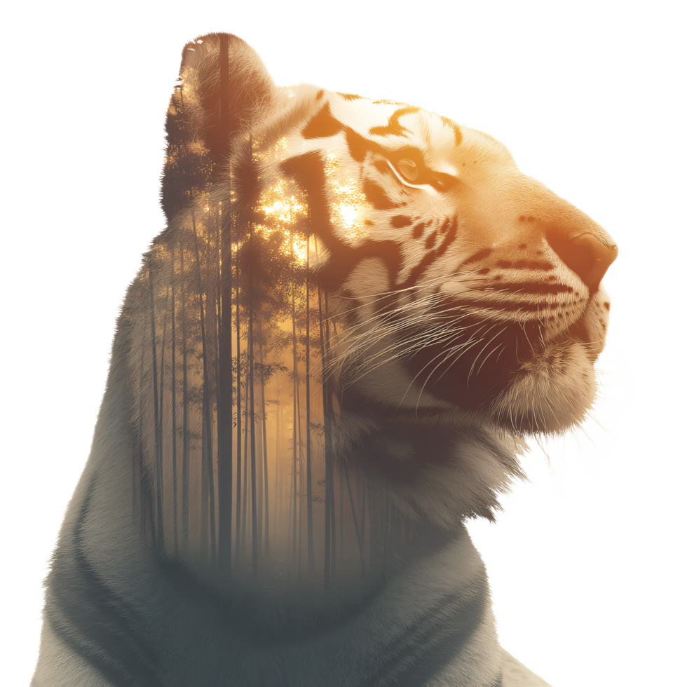 Stunning Double Exposure of a Tiger with Forest Overlay for Wildlife Photography png
