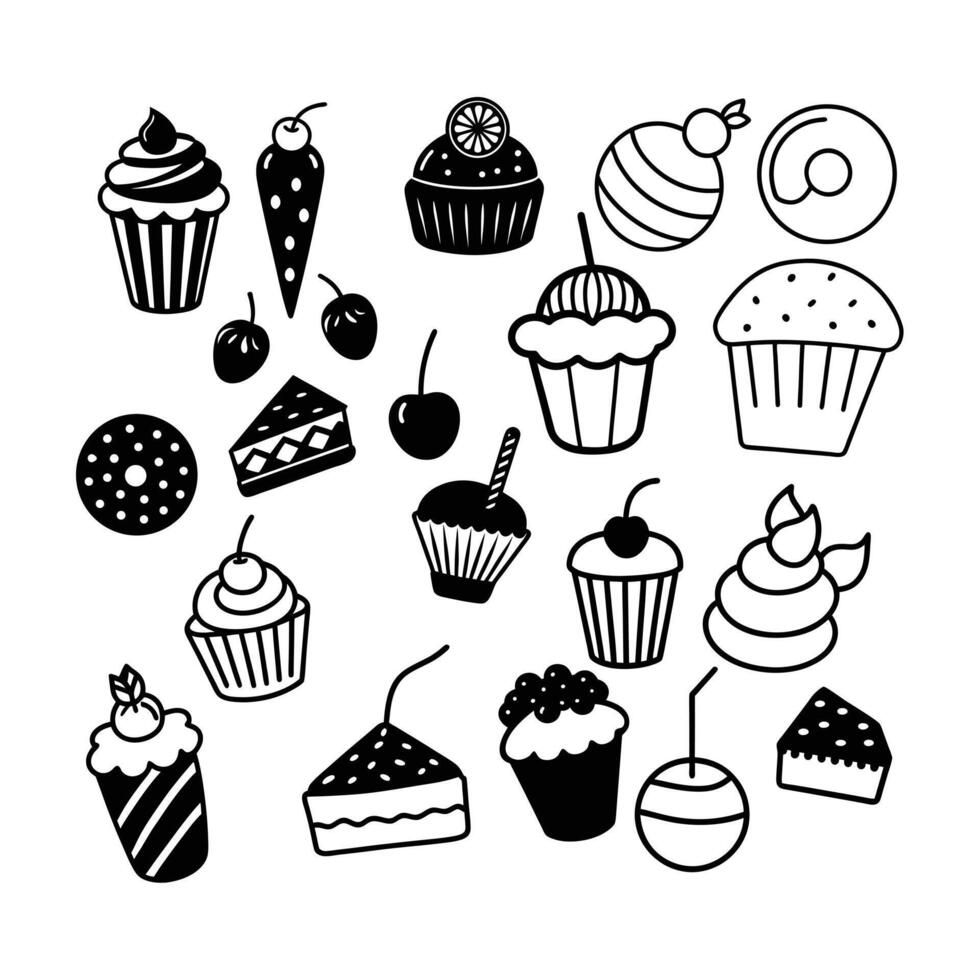 Retro Hand Drawn Sweets and Cakes set. vector