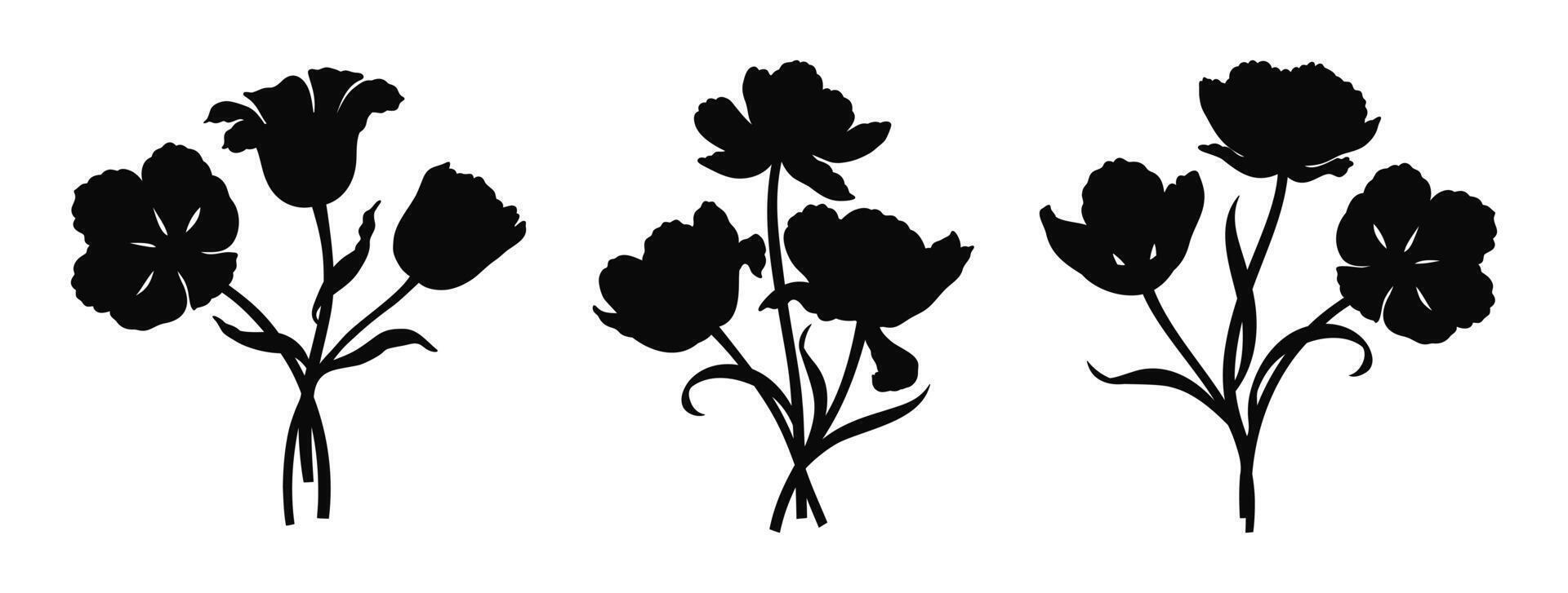 Tulip bouquets silhouette set, minimal style. Beautiful black flower shapes. Hand drawn elements for Easter, Mother Day, Canadian Tulip Festival. vector