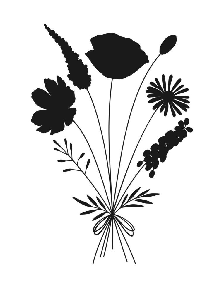 Wildflower black silhouette bouquet on white background. Hand drawn flowers, meadow herbs, wild plants, and botanical elements for design projects vector