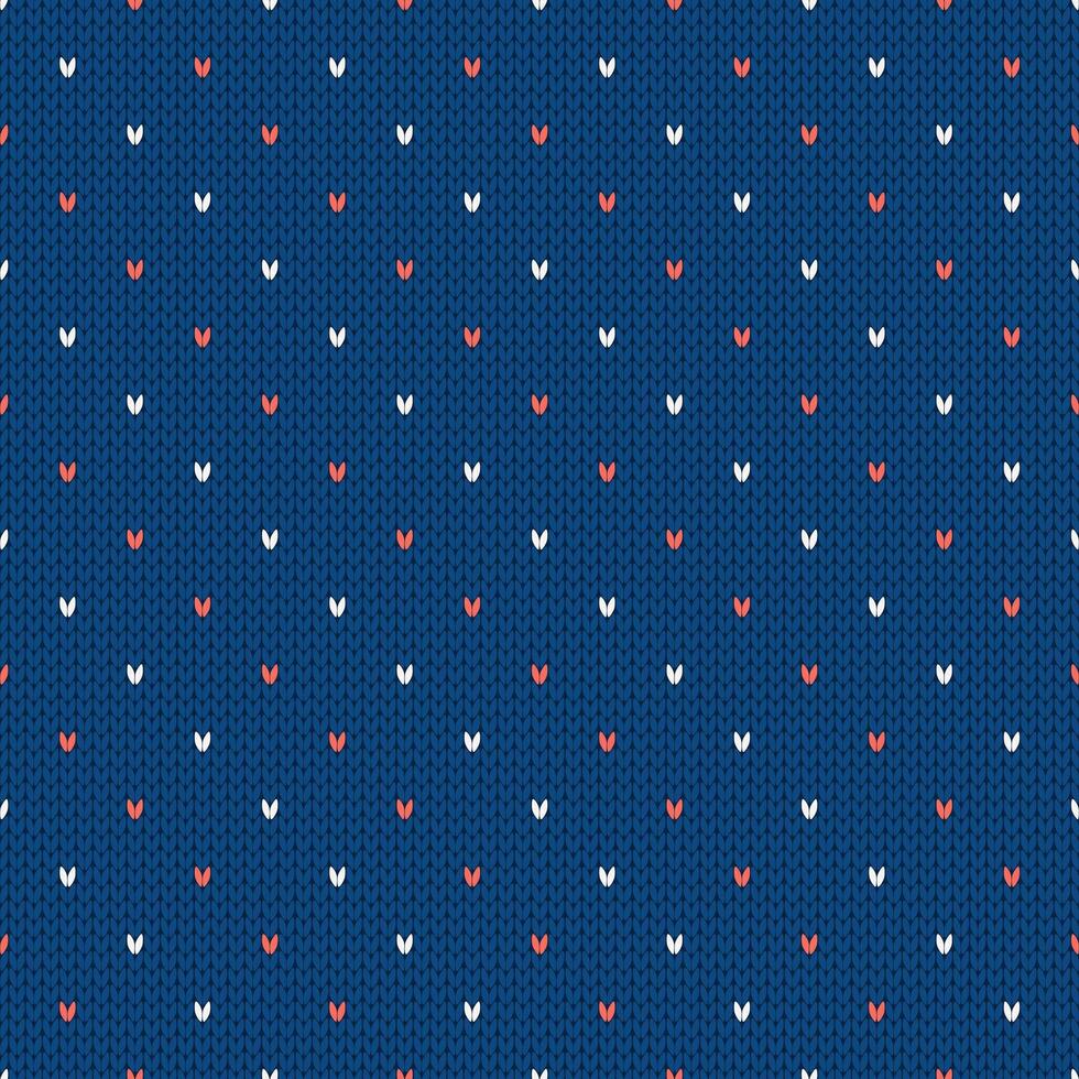Winter knitted seamless pattern with dots. Norwegian style sweater. Wool texture, illustration. Traditional blue background, red white dots vector