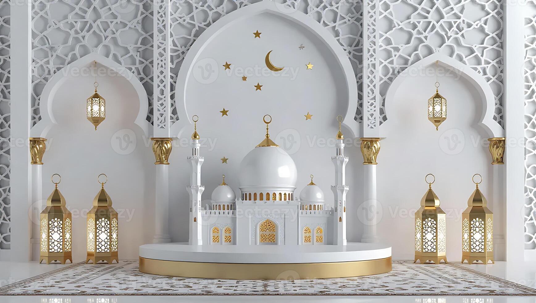 3d rendering of a white mosque with gold decorations photo