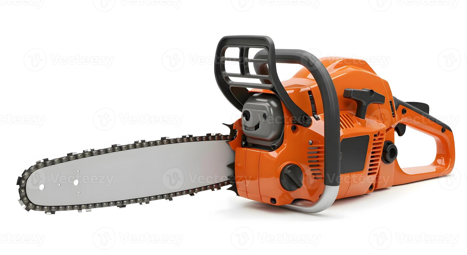 A chainsaw is shown on a white background photo