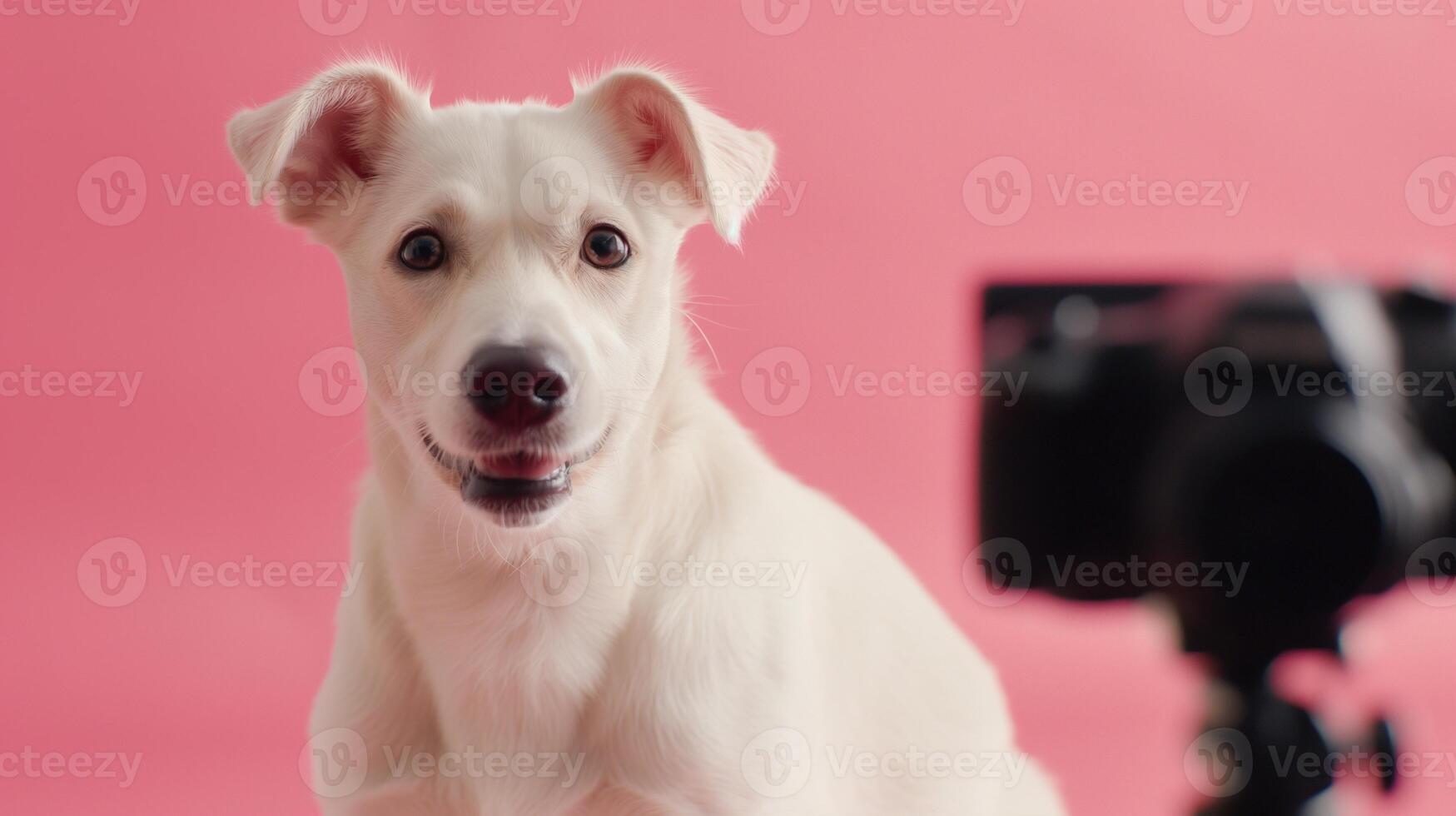 White dog posing for camera on pink background portrait image. Friendly puppy modeling on photoshoot photography animal studio shot. Canine pet influencer concept photo realistic