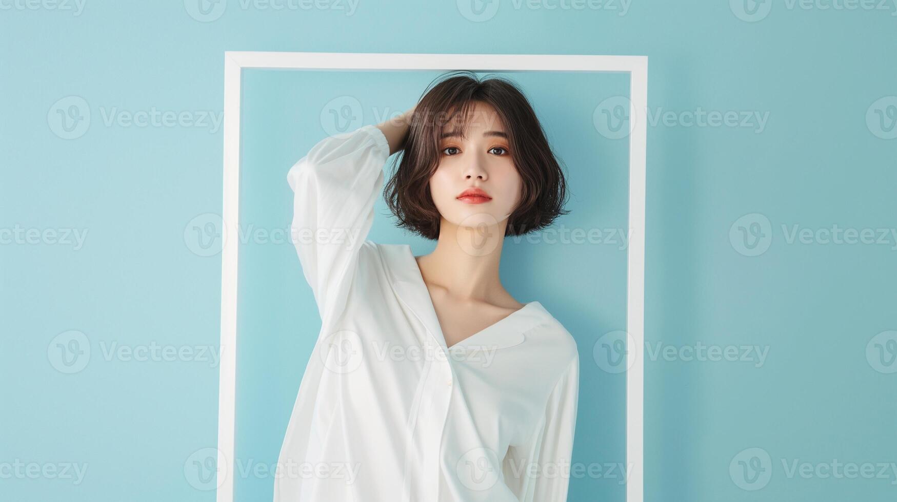 Stylish young woman in white blouse posing confidently on pastel blue portrait image. Artistic photography human scene. Personal branding. Fashion influencer concept photo-realistic photo