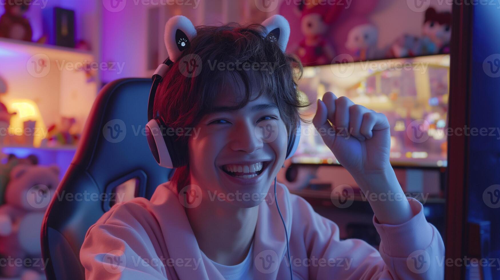 Enthusiastic asian boy gamer streaming in cozy room portrait image. Gaming lifestyle. Kawaii male geek nerd photography human scene. Esport content creator concept photo-realistic photo