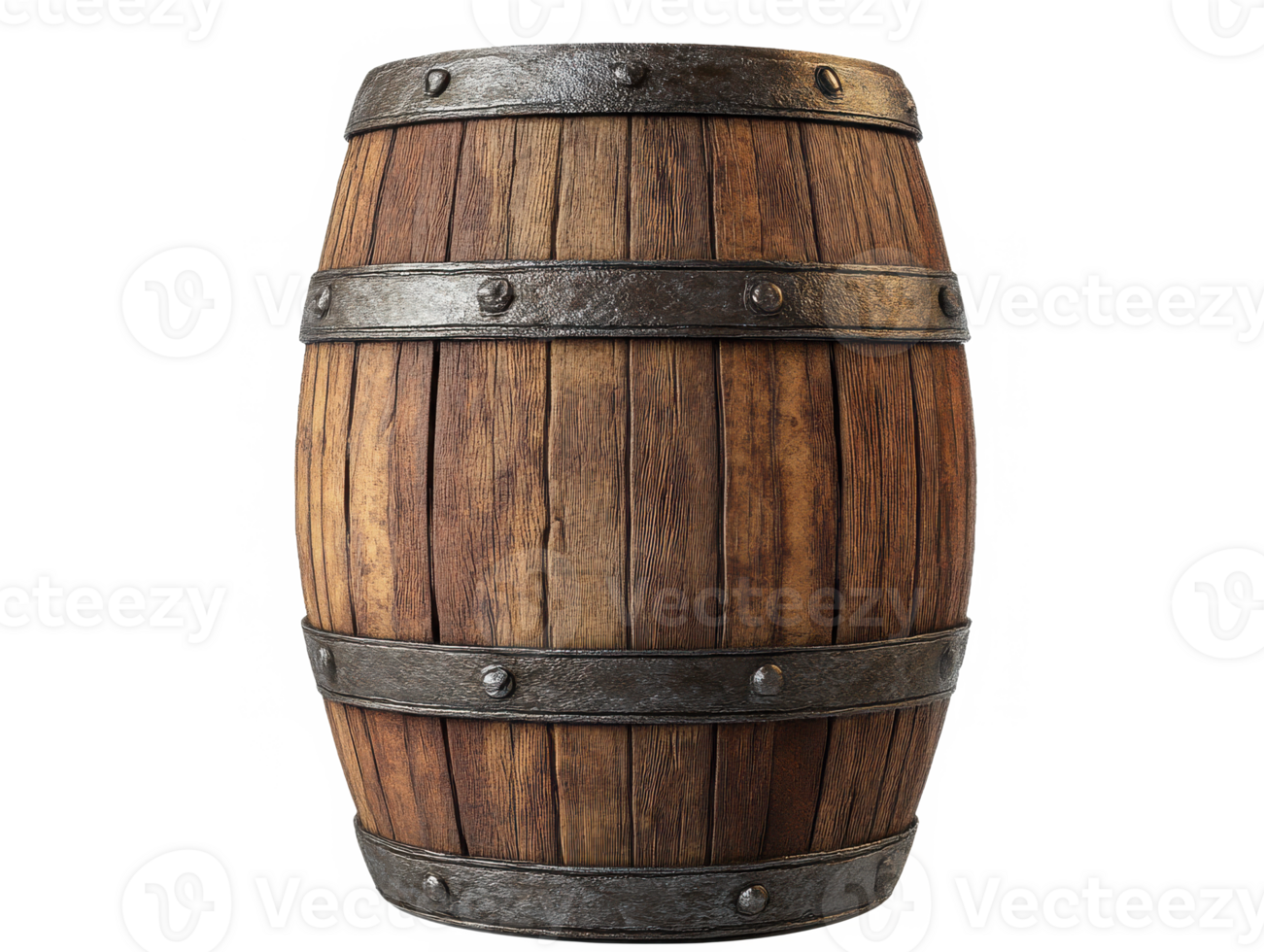 Traditional Wooden Barrel with Metal Bands for Storage or Aging png