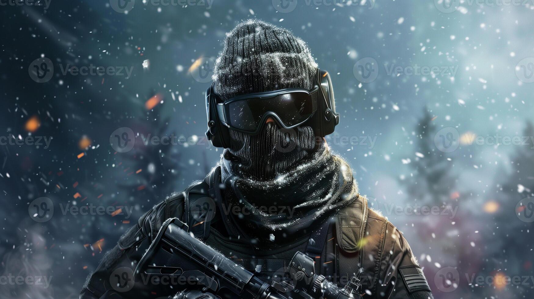 Arctic commando soldier in winter snowy forest image. Snowflakes cinematic military photography scene photorealistic. FPS videogame. First person shooter concept photo realistic