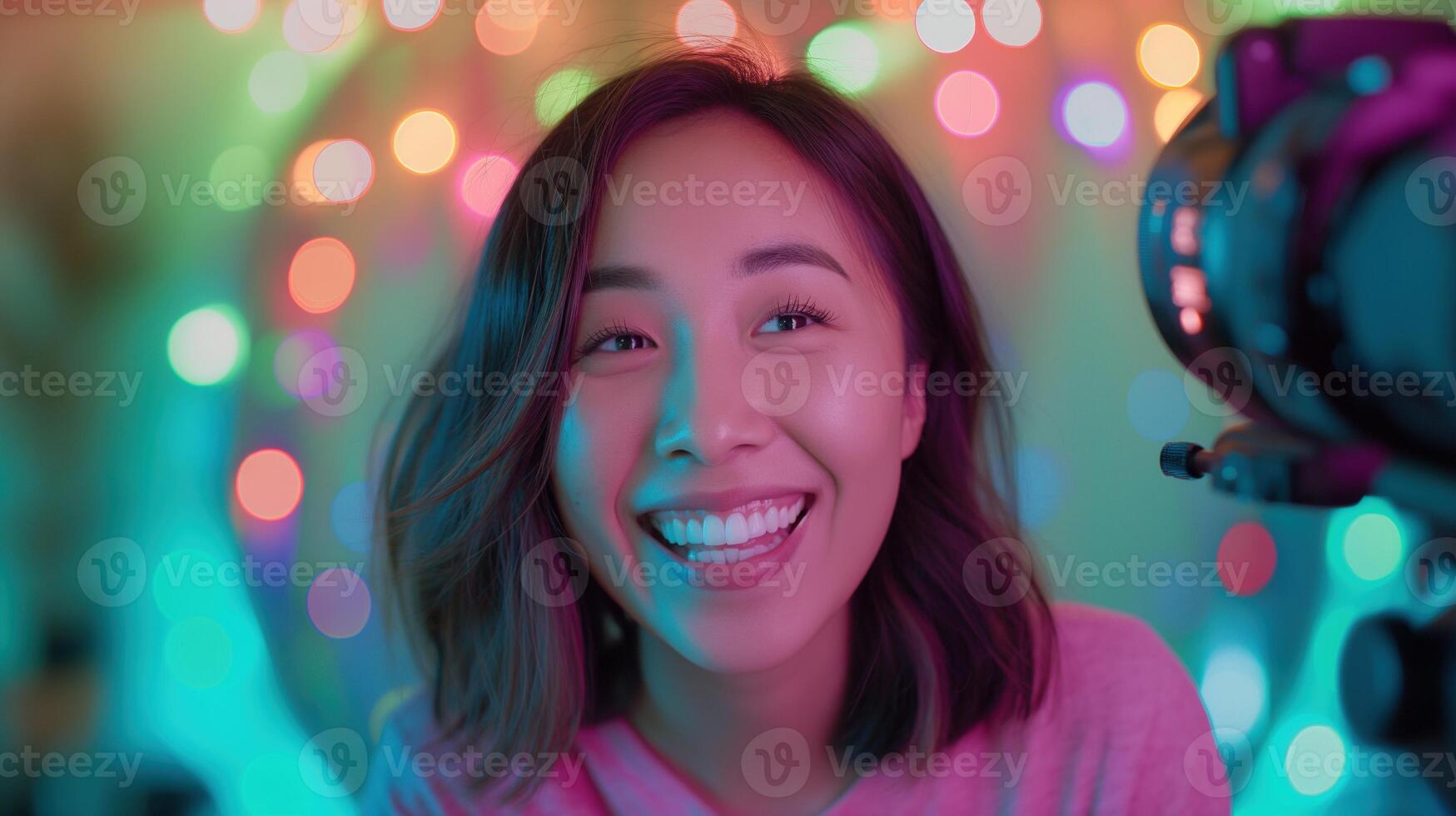 Excited asian influencer recording in studio with fairy lights portrait image. Lifestyle blogger woman. Female vlogger photography human scene. Content creator concept photo-realistic photo