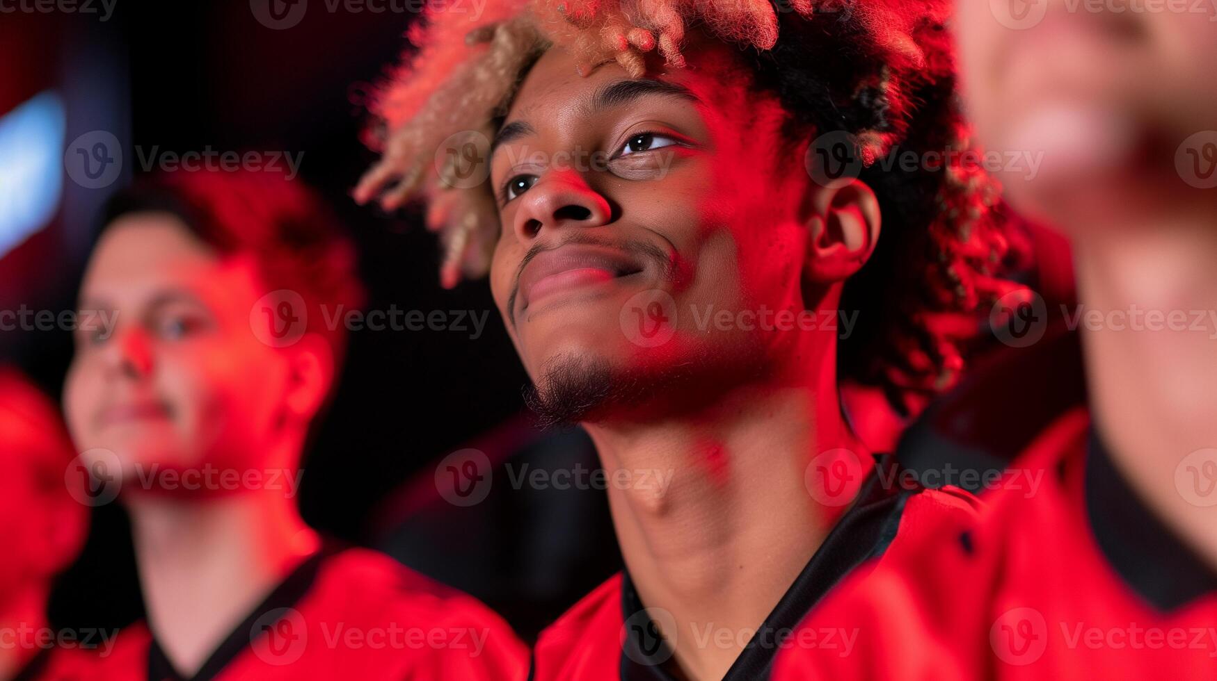 Black male pro gamer smiling with team at tournament portrait image. African american esports player with curly hair photography human scene. E-sports cybersport concept photo-realistic photo