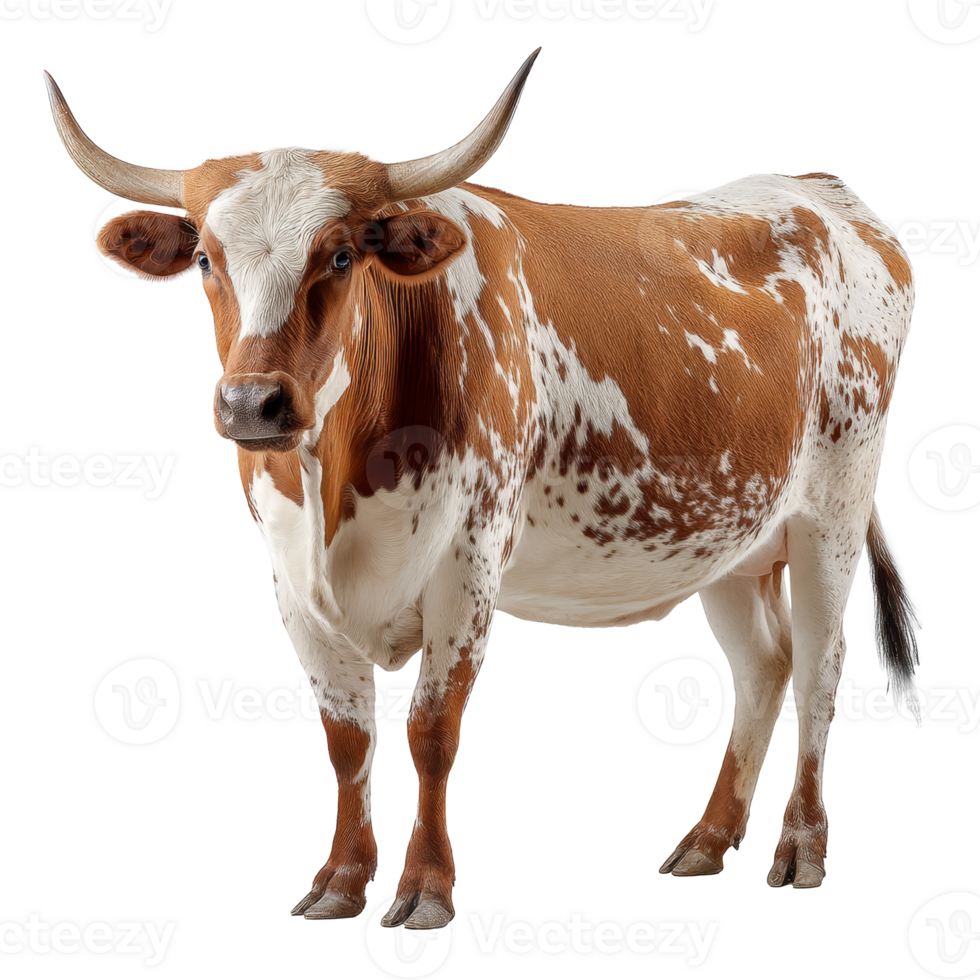 Texas longhorn cow poses elegantly against a transparent background, showcasing its unique features and proud stature png