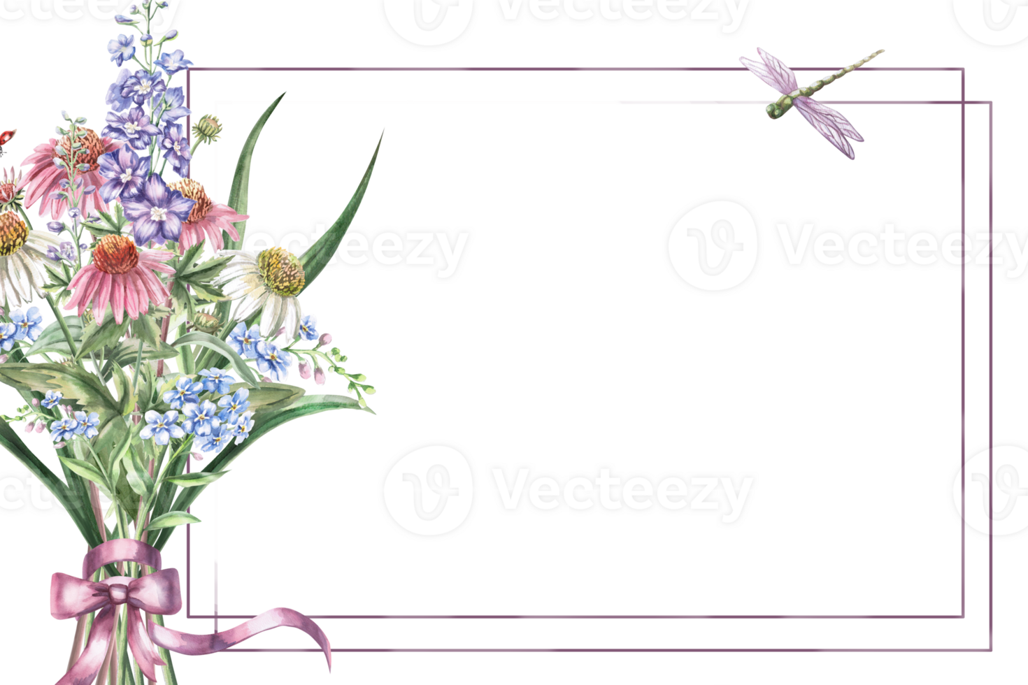 Rectangular frame with a bouquet of garden flowers with a bow, dragonfly and butterfly. Isolated watercolor illustration for the design of cosmetic products, calendars, booklets, posters. png