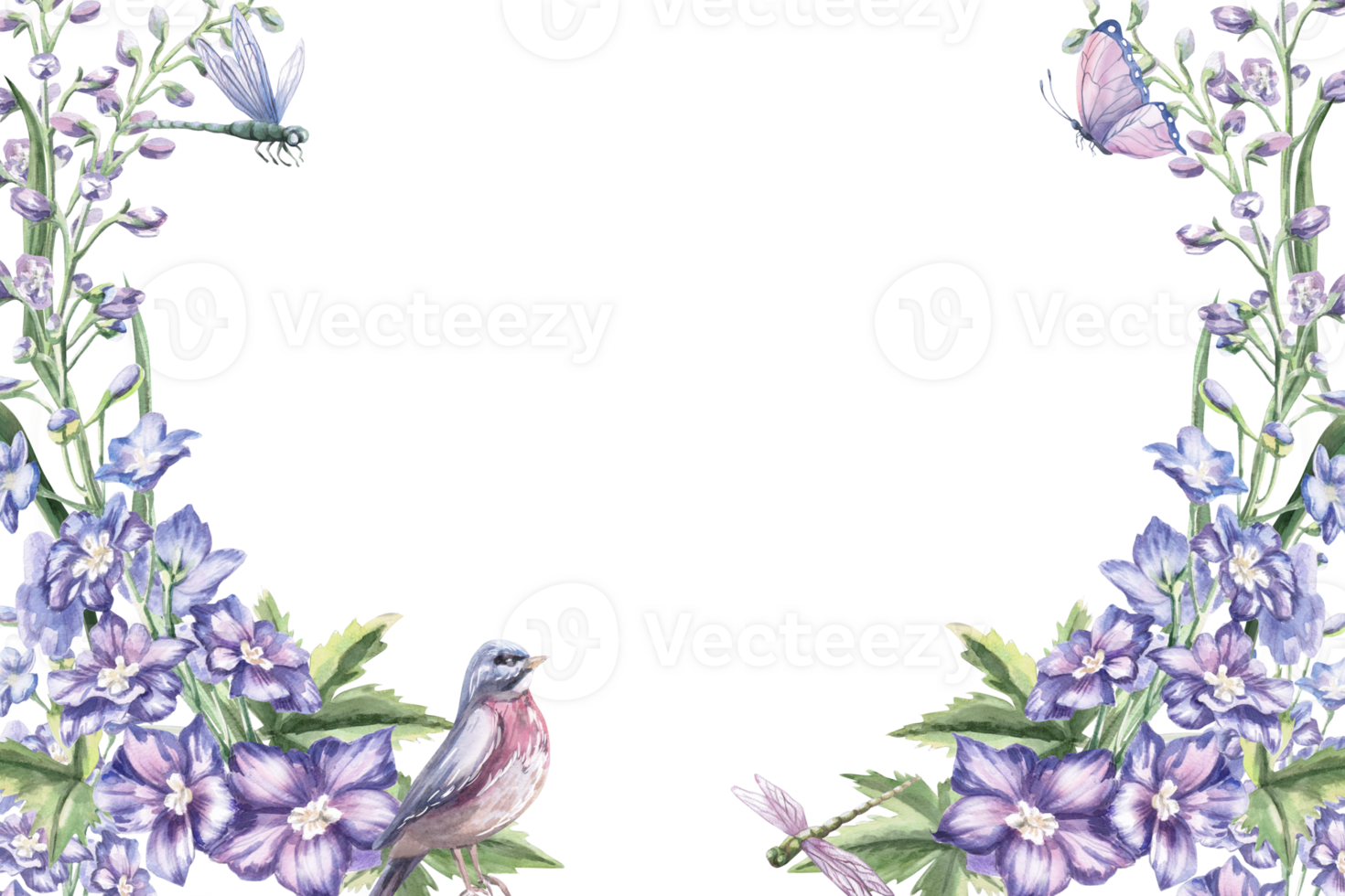 Rectangular frame with delphinium flowers, bird, dragonfly and butterfly. Isolated watercolor illustration for design of cosmetic products, calendars, booklets, posters. png