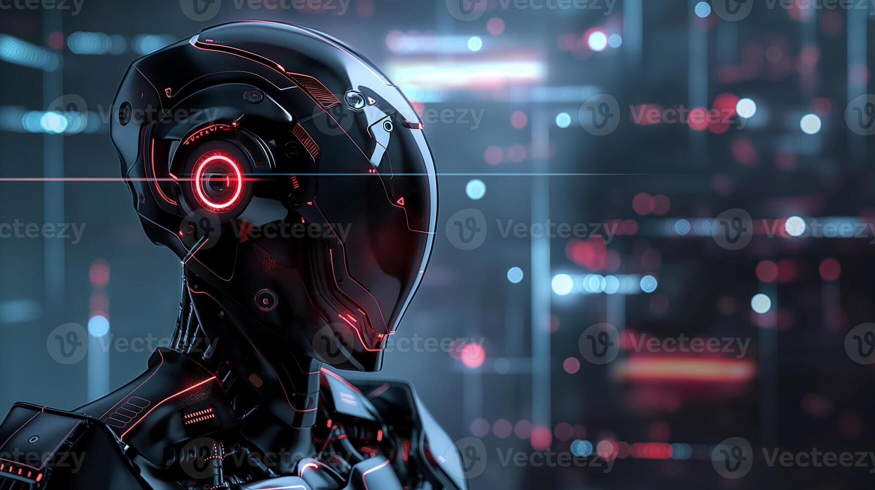 Sleek black cybernetic figure with glowing red detail image. Futuristic backdrop, advanced mechanical soldier photography scene photorealistic. Surveillance concept photo realistic