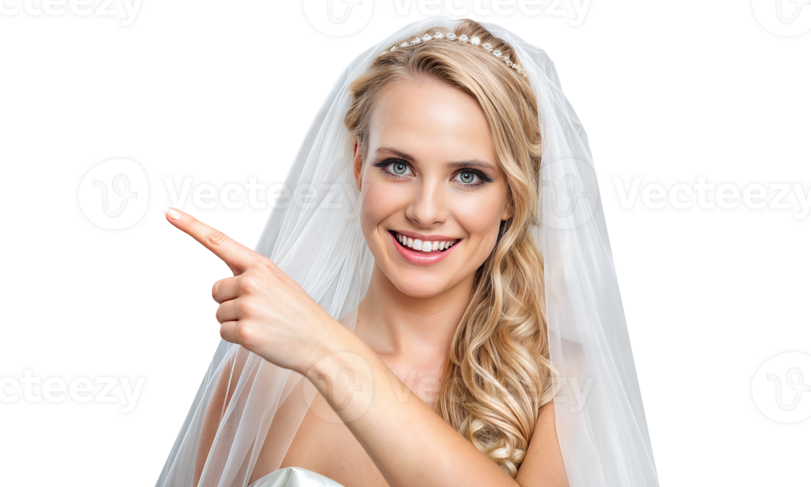 A woman in a beautiful wedding dress and veil points at something png