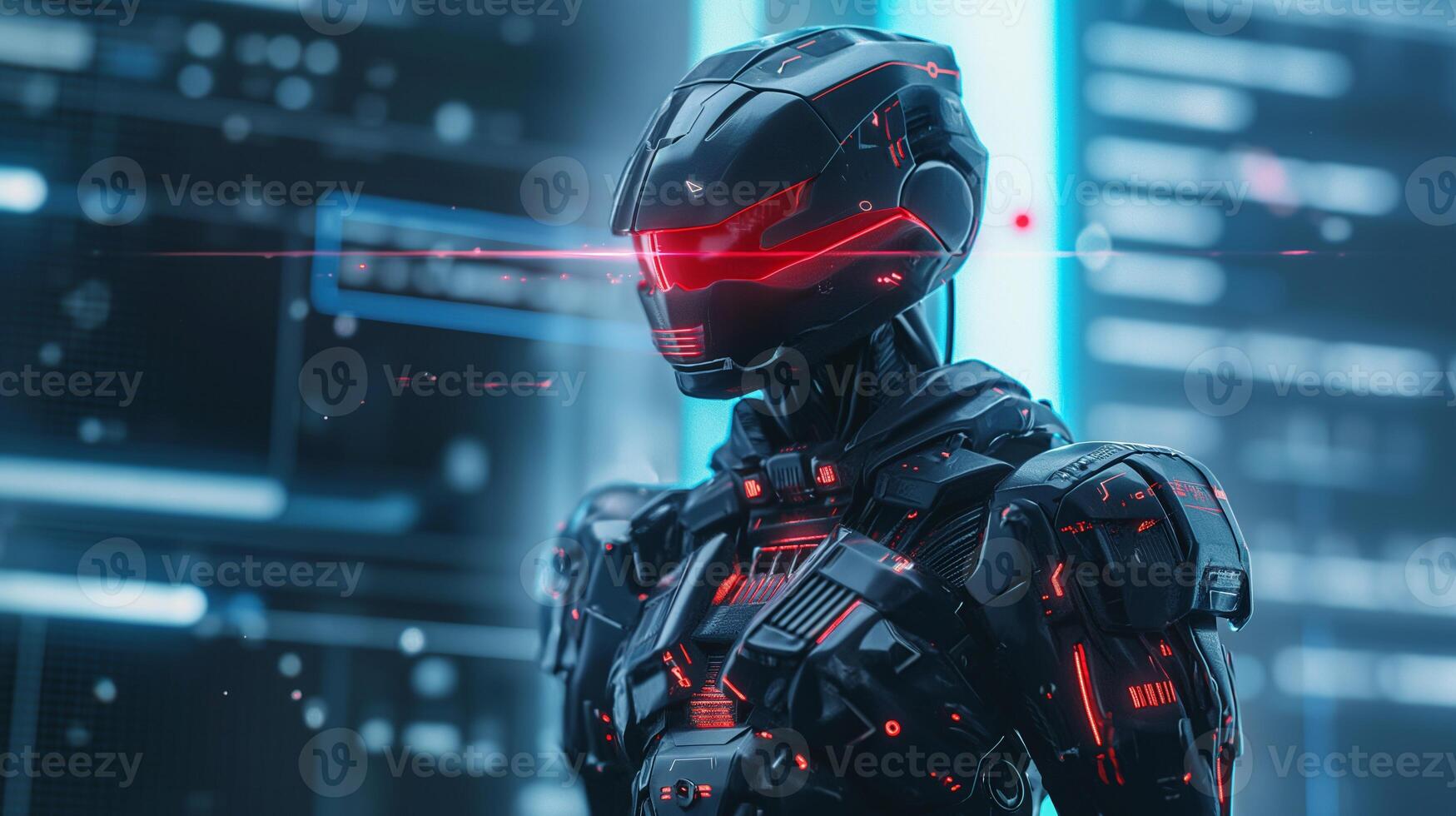 Red sensors combat robot within holographic battlefield image. Robotic fighter in digital war advanced unit photography scene photorealistic. Armored cyborg concept photo realistic