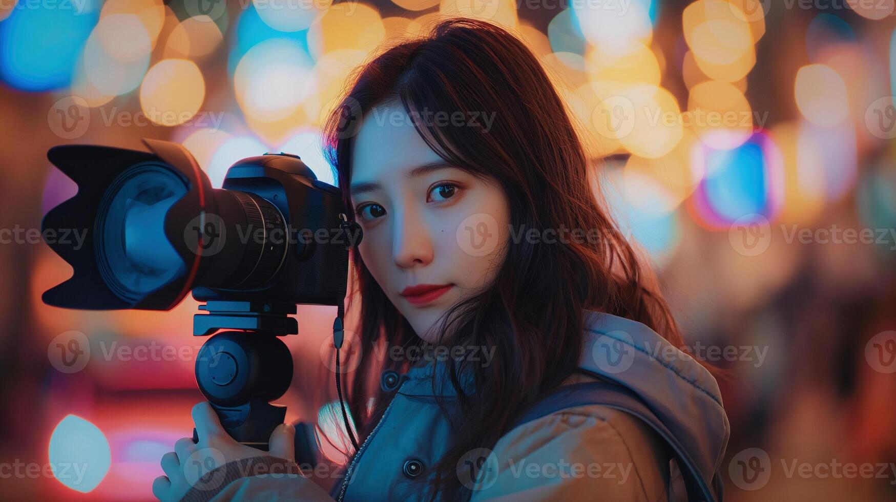 Young korean female photographer in vibrant city night bokeh lights image. Asian woman holding professional camera photography scene photorealistic. Camerawoman concept photo realistic
