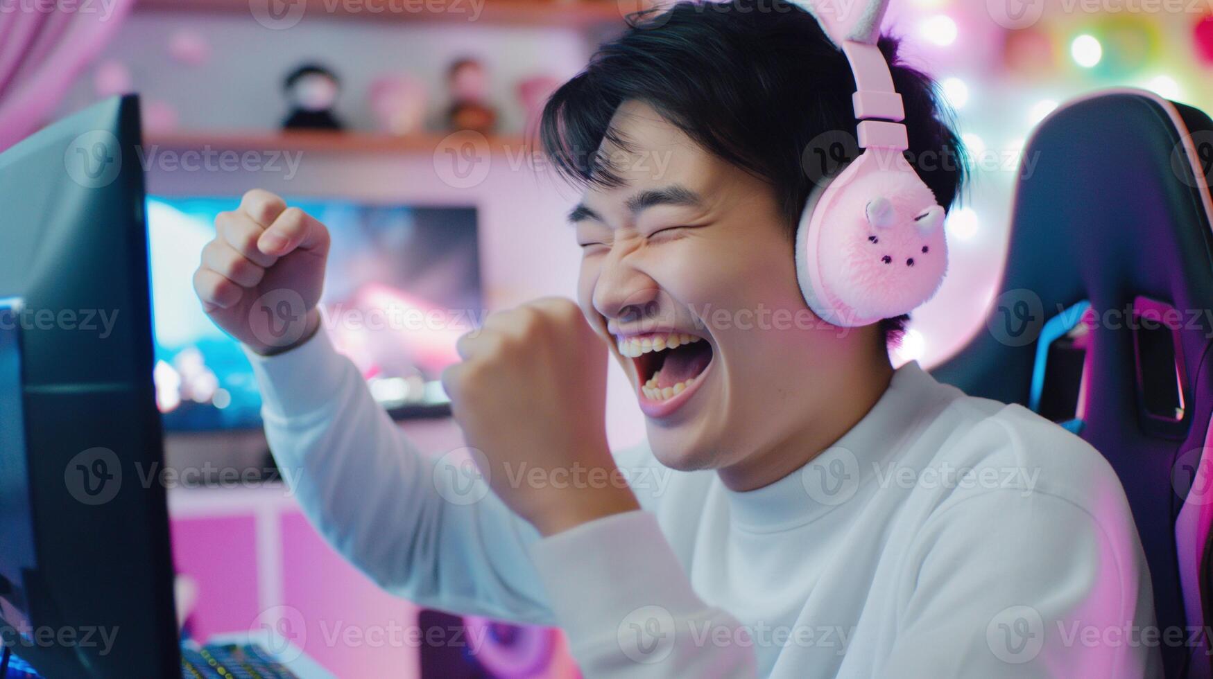 Excited cute asian gamer celebrating victory in cozy setup portrait image. gaming. Kawaii male geek nerd photography human scene. Esport content creator concept photo-realistic photo