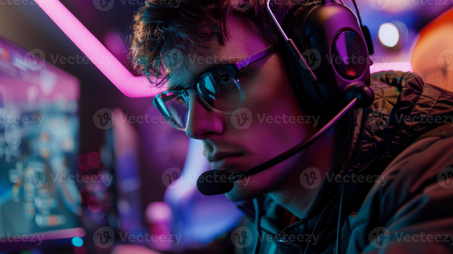Glasses esports player under neon lights image closeup. Professional gamer with headset intensely focused on screen close-up photography. Cybersport competition concept photo realistic
