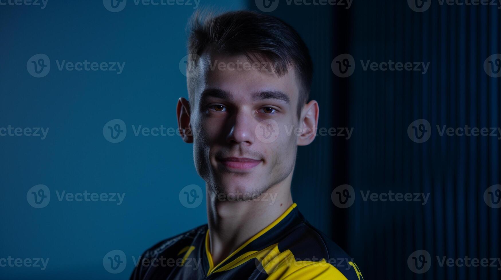 Young male esports player posing with confident smile in studio portrait image. European pro gamer friendly look photography human scene. E-sports cybersport concept photo-realistic photo