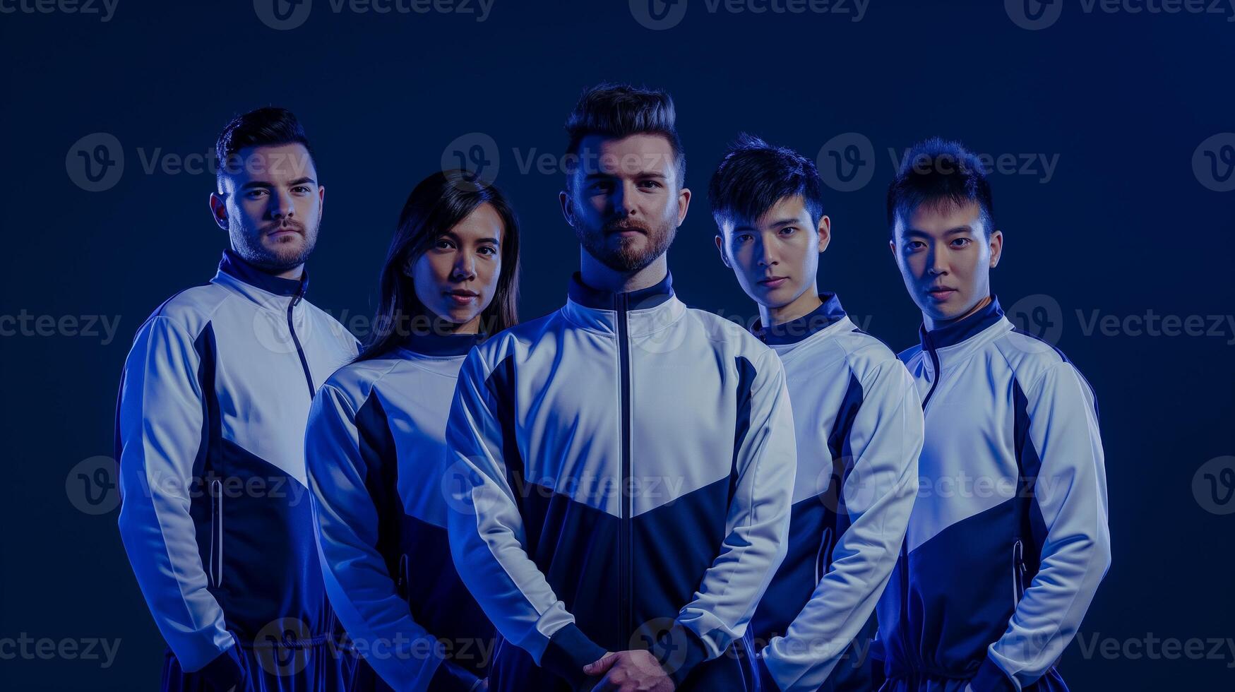 Diverse pro esports team in matching white and navy tracksuits portrait image. Professional athletes squad champions photography human scene. E sports cybersport concept photo-realistic photo