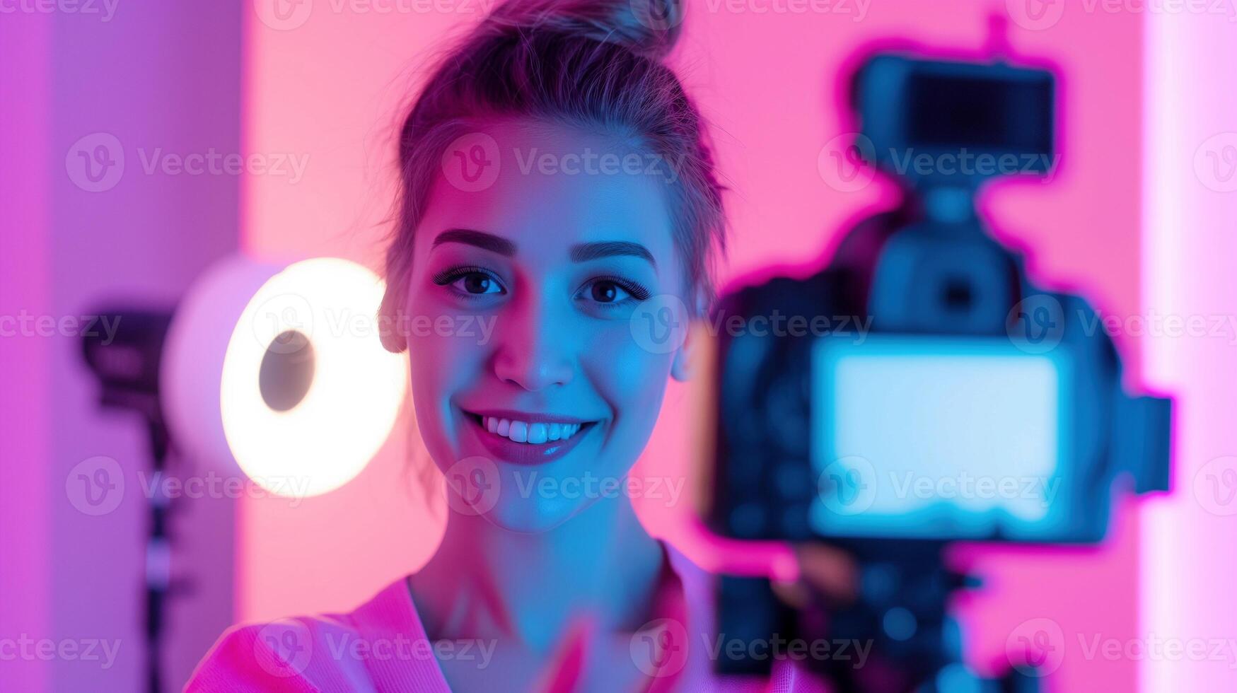 Digital influencer woman vlogging at camera in neon-lit studio portrait image. Female vlogger trendy aesthetics photography human scene. Content creator concept photo-realistic photo