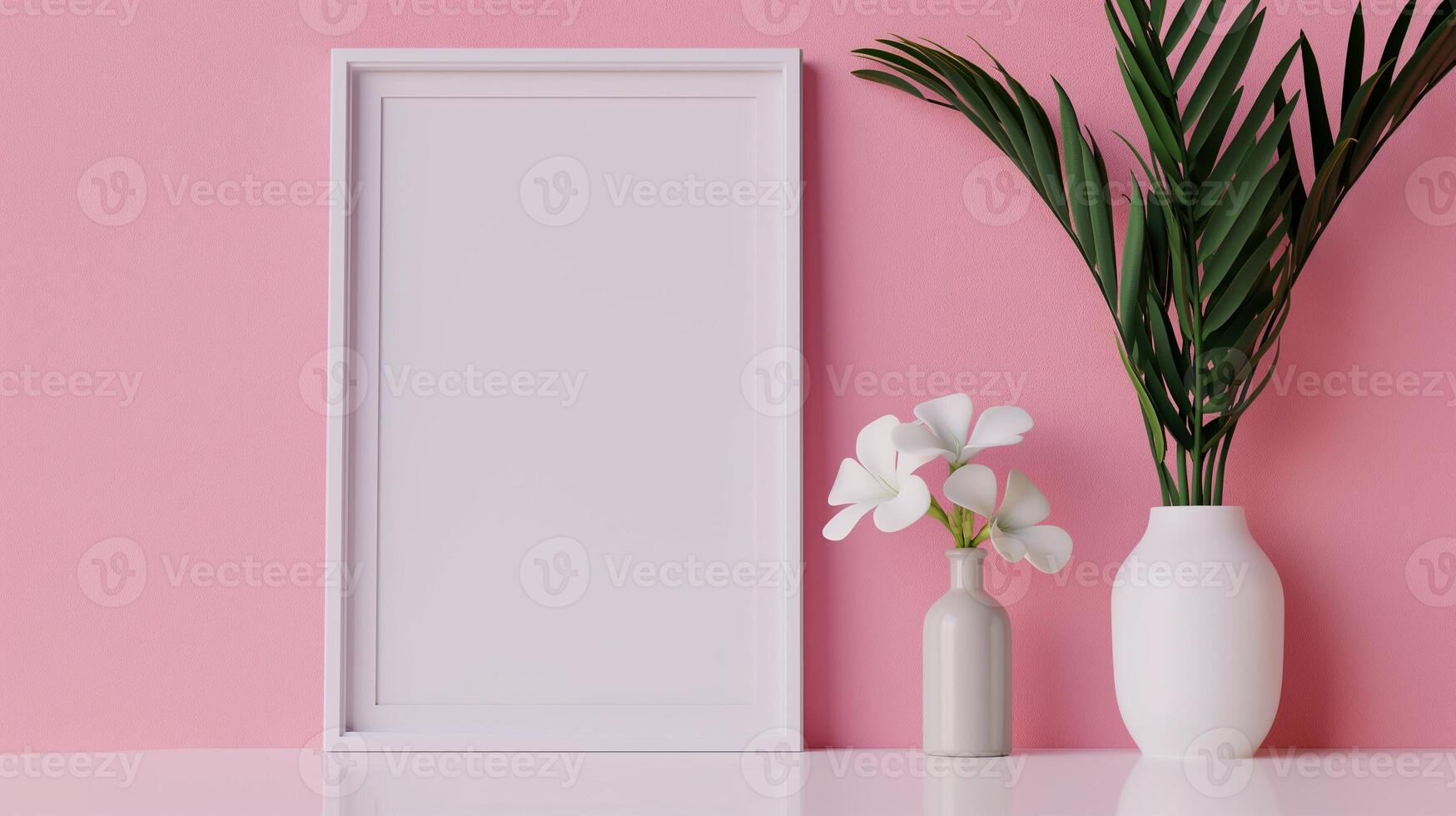 Minimalist blank picture frame mockup with floral decor. White flowers vase, green palm plant, pictureframe template advertising image. Mock up branding product, marketing material photo