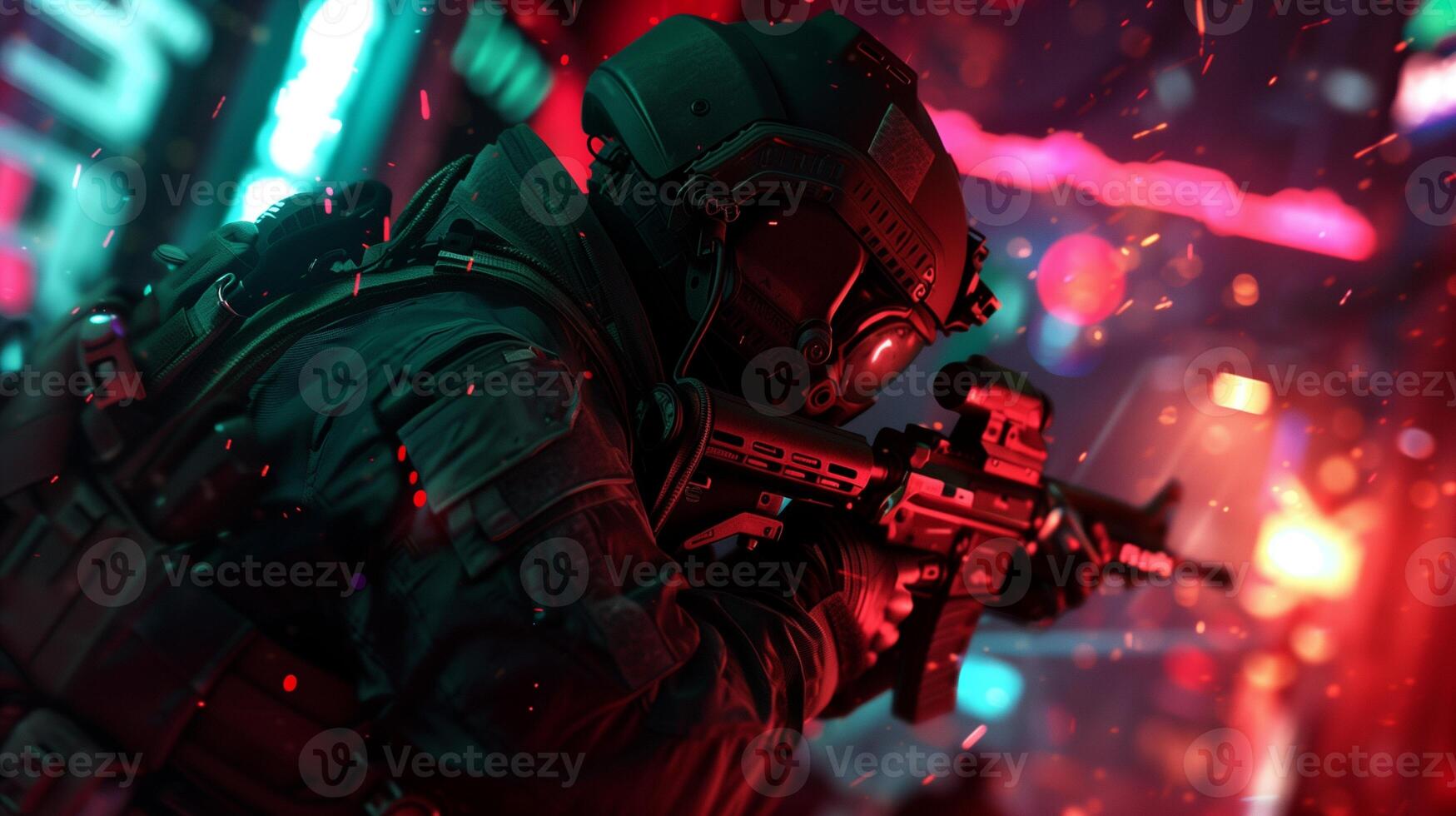 Military unit soldier in neon city combat zone image. Intense futuristic battle scenario photography scene photorealistic. FPS videogame. First person shooter concept photo realistic