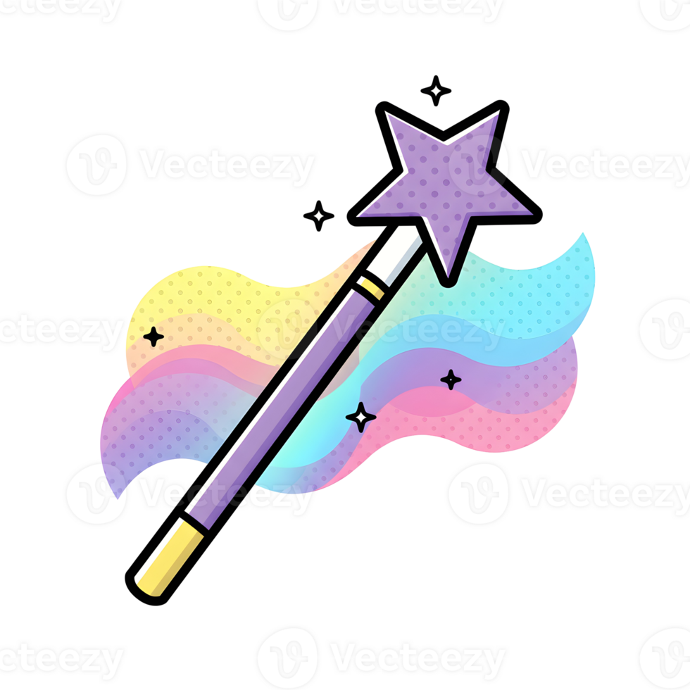 Kawaii magic wand with purple star and pastel rainbow wave trail png