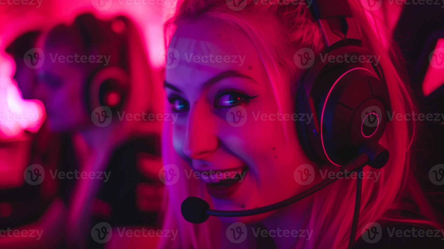 Happy female esports player with teammates in neon pink arena image closeup. Girl gamer participating in team tournament close-up photography. Competitive gaming concept photo realistic