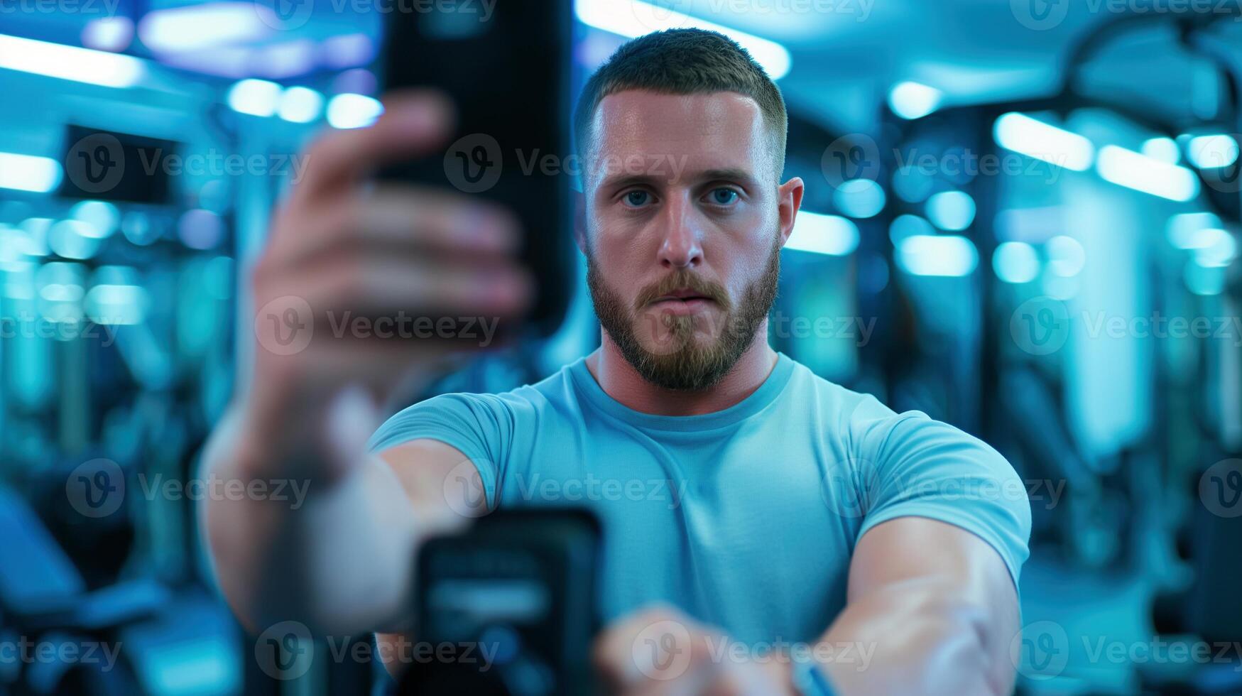 Muscular man taking selfie during workout image. Athletic training, female strong physique photography scene photorealistic. Fitness influencer gymrat concept photo realistic