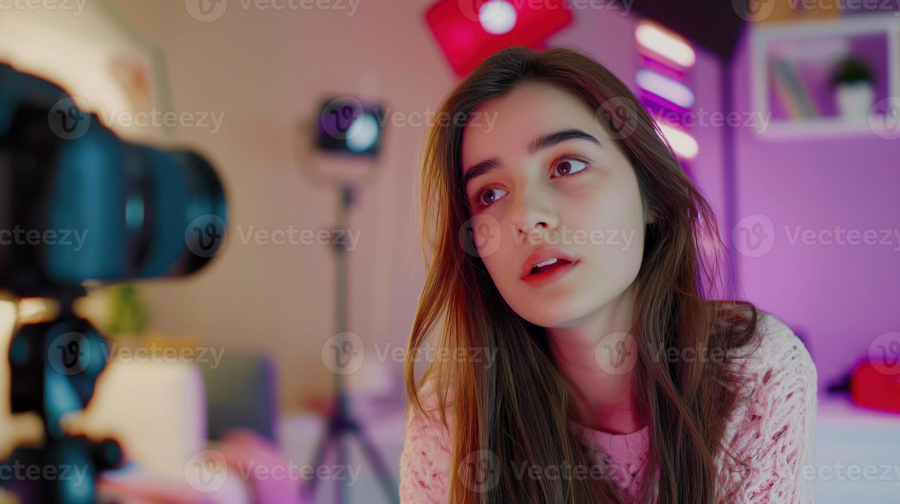 Thoughtful girl influencer filming on camera in home studio portrait image. Gen z lifestyle blogger. Female vlogger photography human scene. Content creator concept photo-realistic photo