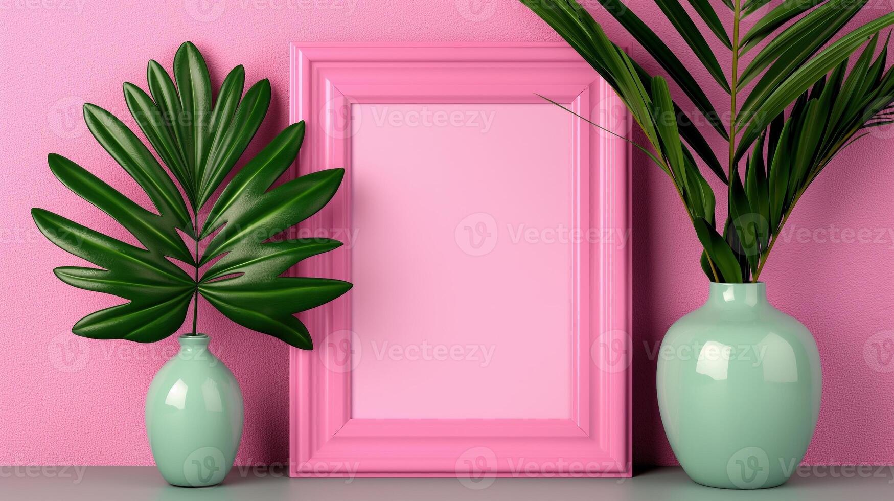 Stylish frame mockup with plants vases on pink wall. Modern interior greenery. Botanical theme pictureframe template advertising image. Mock up branding product, marketing material photo