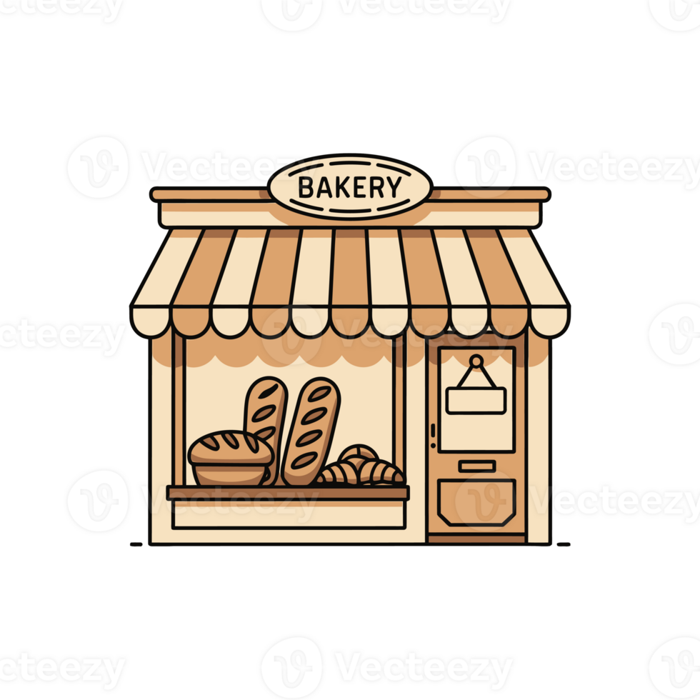 A quaint bakery with an awning prominently displays bread in the window cutouts png