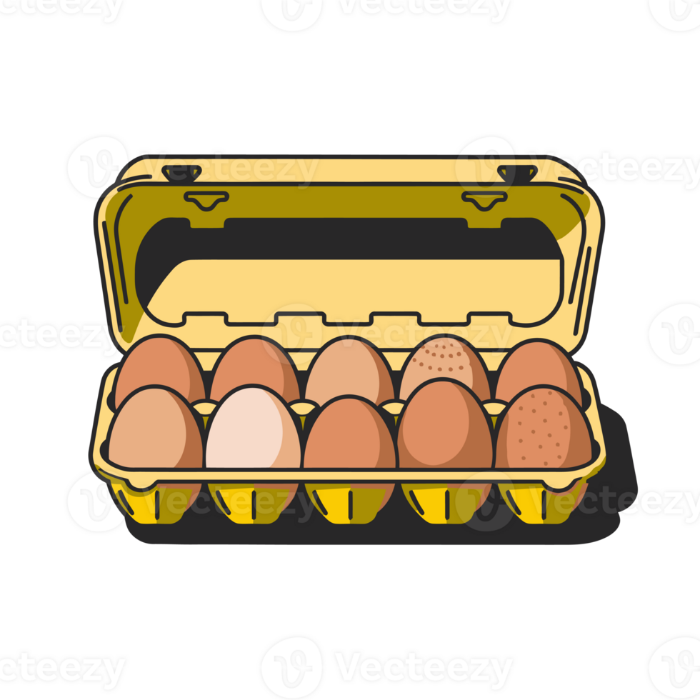 A yellow egg carton holds a neatly arranged set of eggs, each varying slightly in color and texture. cutouts png