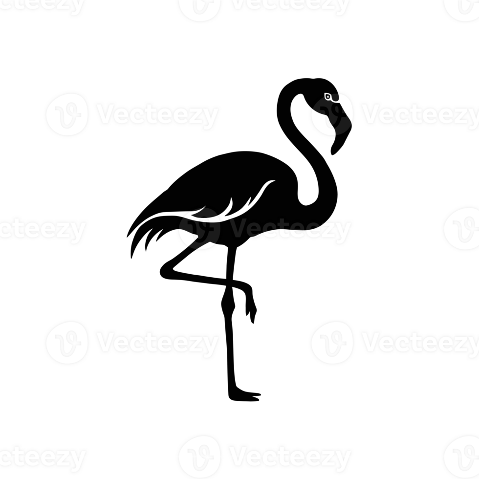 A black silhouette of a flamingo stands gracefully on one leg, showcasing its elegant neck and body cutouts png