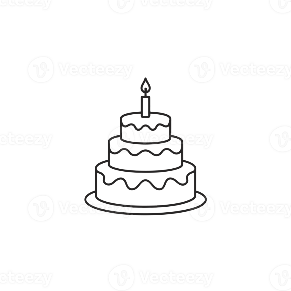 A simple line drawing depicts a three-tiered cake with wavy icing patterns and a single candle on top png
