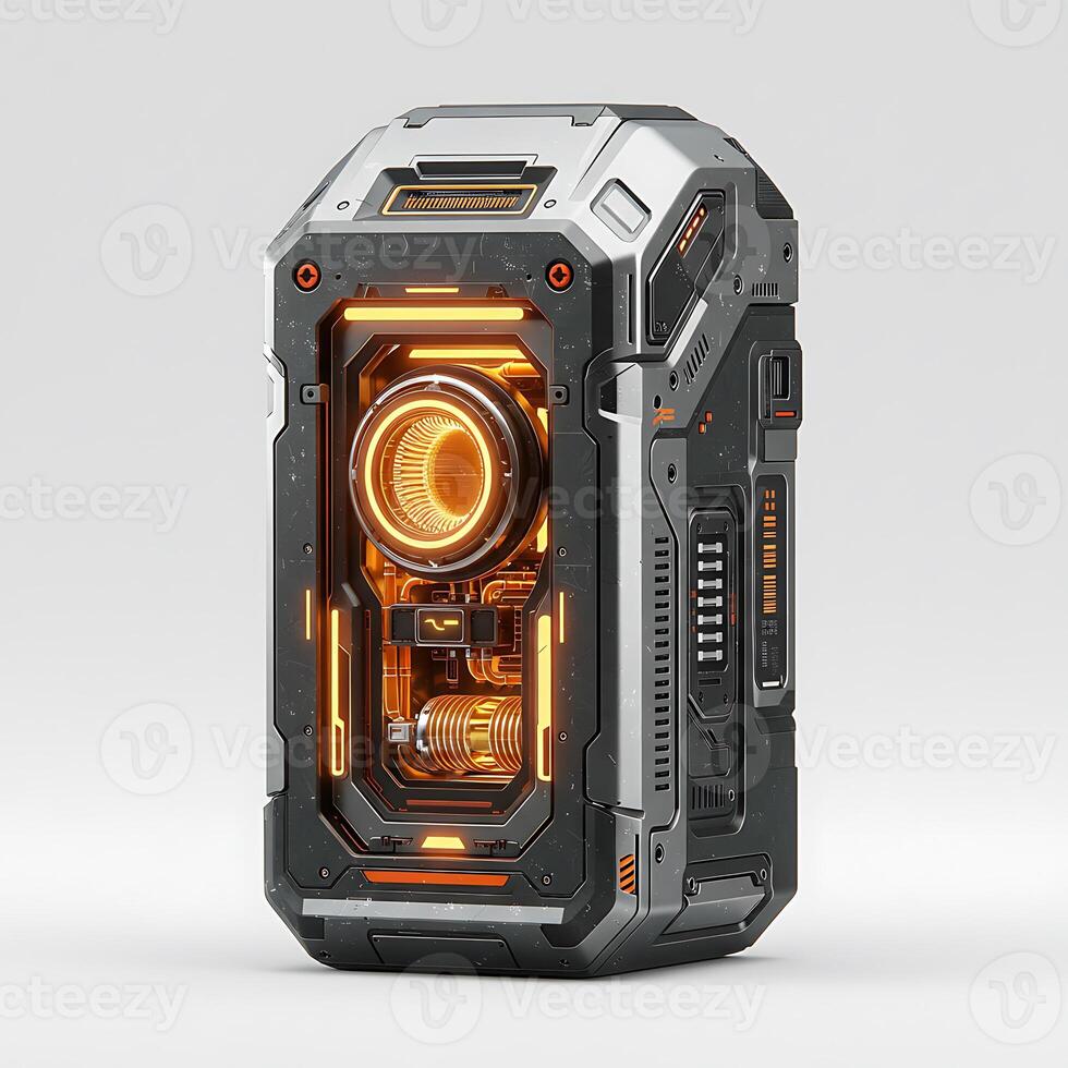 Futuristic Container with Glowing Core, Metallic Panels and Intricate Detailing photo