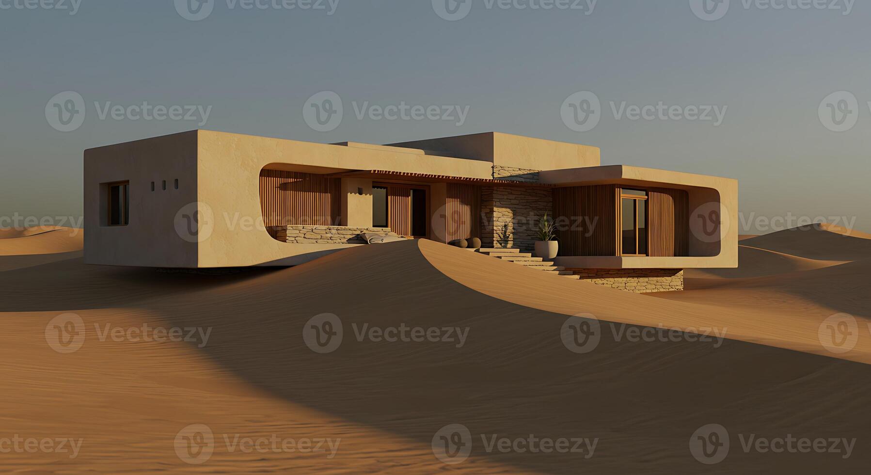 A house in the desert with sand dunes in the background photo