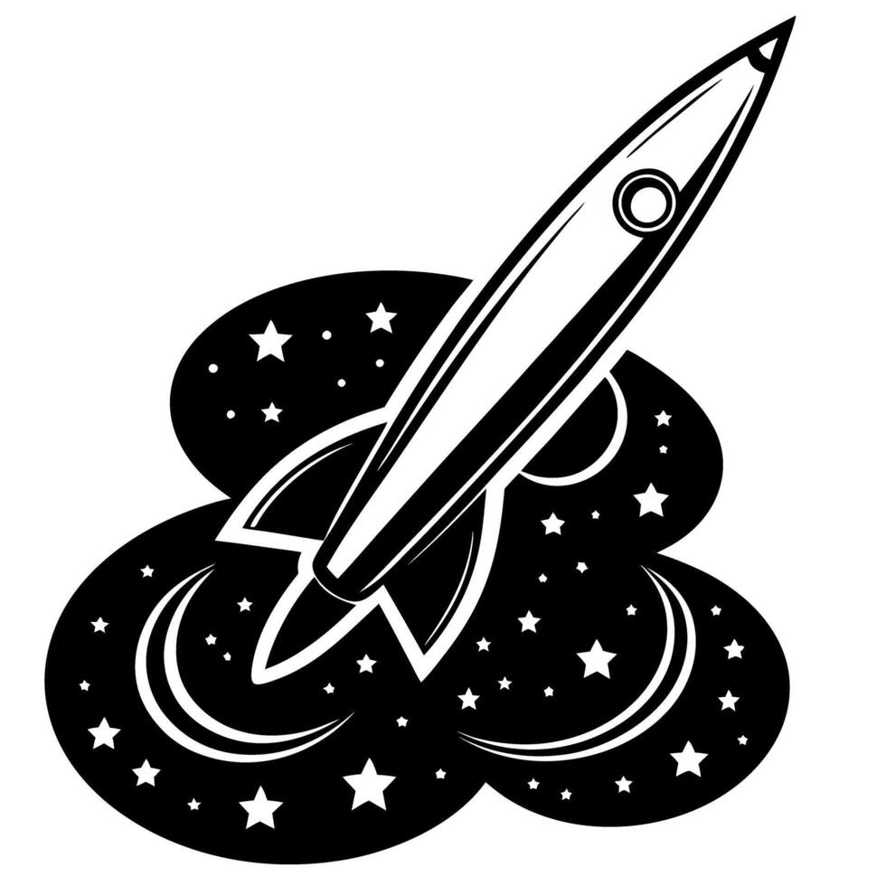 rocket launch illustration with stars in space black and white celestial design, cosmic journey concept vector
