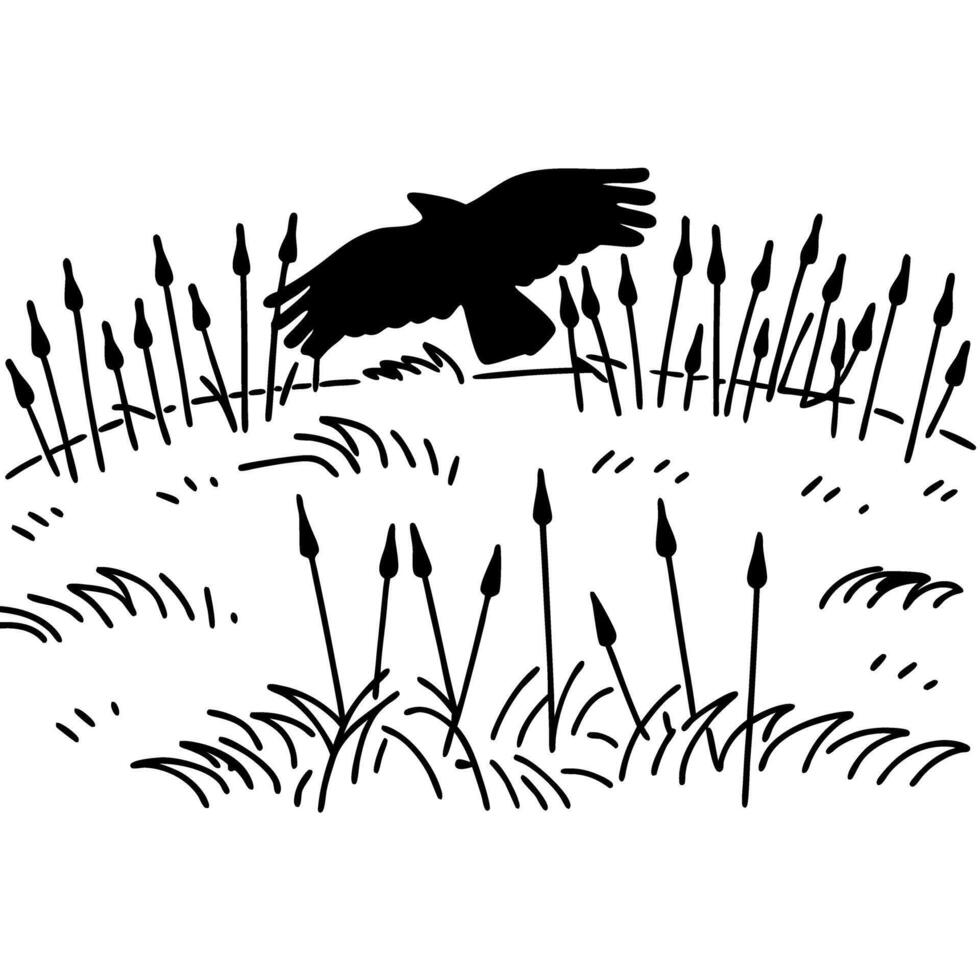 silhouette of flying bird over field of spears nature in black and white, symbolic landscape vector